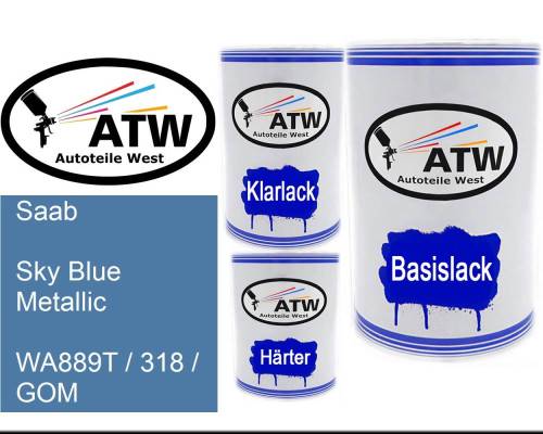 Saab, Sky Blue Metallic, WA889T / 318 / GOM: 500ml Lackdose + 500ml Klarlack + 250ml Härter - Set, von ATW Autoteile West.